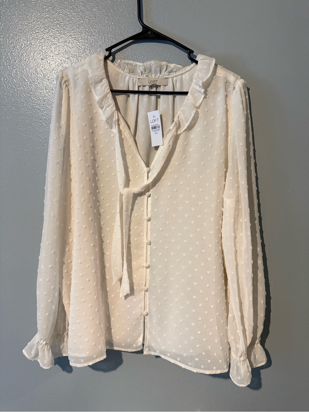 LOFT Cream Swiss Dot Tie-Neck Ruffle Blouse